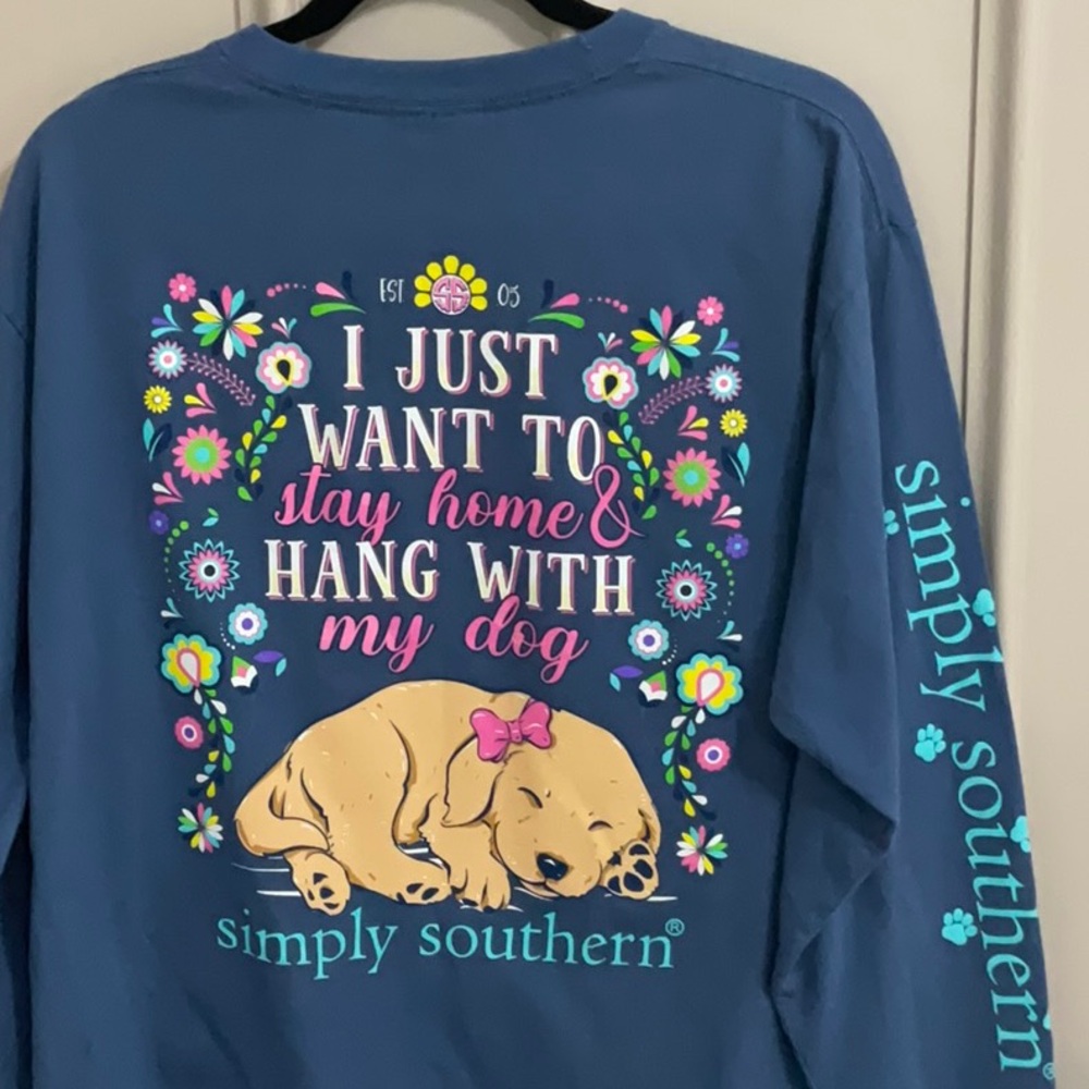 Simply Southern blue Long Sleeve Tee, large, Just wanna hang with my dog